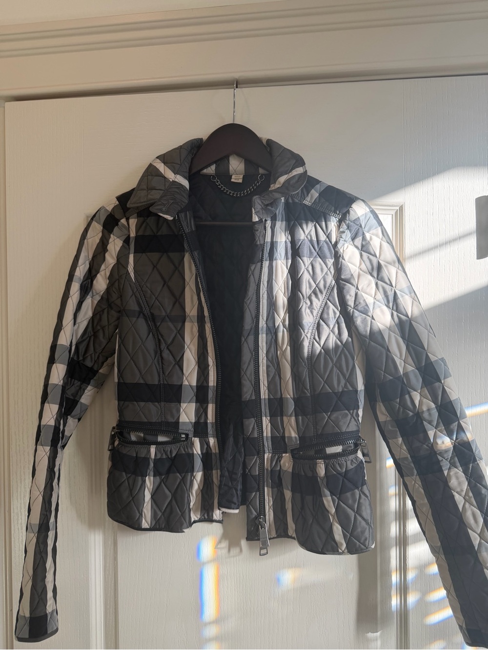 Burberry Black, White and Gray Quilted Plaid Lightweight Jacket